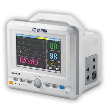 Nidek Aurus50 -5 Para Patient Monitor with 8 inch TFT Display Patient Monitor is a premium quality product from Nidek monitors vital signs like SPO2, Temp, Respiration Rate, ECG, BP.