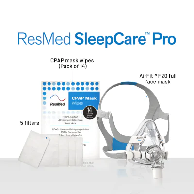 ResMed Airfit F20 CPAP Mask Sleepcare Pro Package (Includes F20 Mask| 5 Filters | CPAP Wipes (Pack of 14) | ResMed Benefits)
