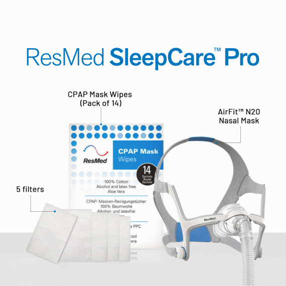 ResMed Airfit N20 CPAP Mask Sleepcare Pro Package (Includes N20 Mask (Large) | 5 Filters | CPAP Wipes (Pack of 14) | ResMed Benefits)