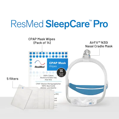 ResMed Airfit N30i CPAP Mask Sleepcare Pro Package (Includes N30i Mask (Standard) | 5 Filters | CPAP Wipes (Pack of 14) | ResMed Benefits)