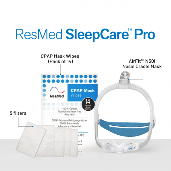 ResMed Airfit N30i CPAP Mask Sleepcare Pro Package (Includes N30i Mask (Standard) | 5 Filters | CPAP Wipes (Pack of 14) | ResMed Benefits)