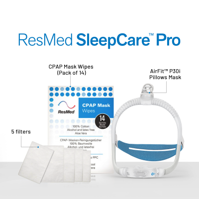 ResMed Airfit P30i CPAP Mask Sleepcare Pro Package (Includes P30i Mask | 5 Filters | CPAP Wipes (Pack of 14) | ResMed Benefits)
