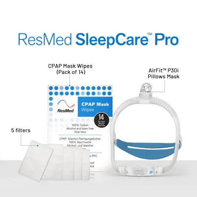 ResMed Airfit P30i CPAP Mask Sleepcare Pro Package (Includes P30i Mask | 5 Filters | CPAP Wipes (Pack of 14) | ResMed Benefits)