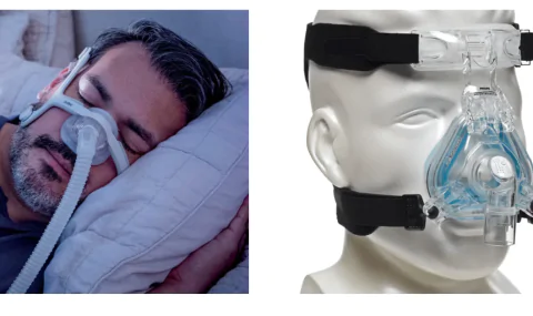 Patient and mannequin with CPAP mask