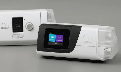 Side-by-side image of ResMed AirSense 11 and AirSense 10 CPAP machines, showing modern and older designs for a power efficiency comparison.