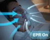 Person using CPAP machine with EPR feature active, showing airflow during sleep for easier exhalation.