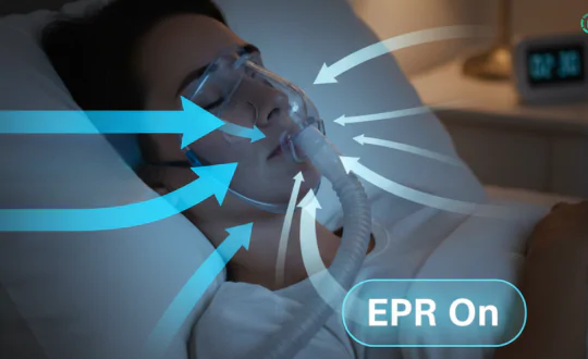 Person using CPAP machine with EPR feature active, showing airflow during sleep for easier exhalation.
