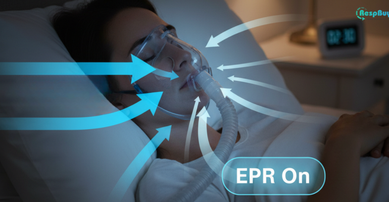 Person using CPAP machine with EPR feature active, showing airflow during sleep for easier exhalation.