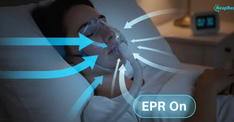 Person using CPAP machine with EPR feature active, showing airflow during sleep for easier exhalation.