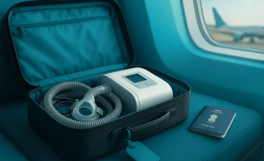 Open carry-on suitcase with CPAP machine and mask on a teal seat beside an airplane window; Indian passport nearby.