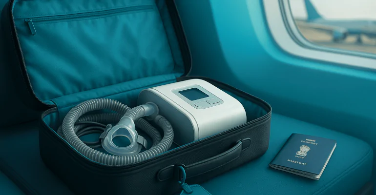 Open carry-on suitcase with CPAP machine and mask on a teal seat beside an airplane window; Indian passport nearby.