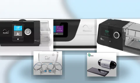 Collage of ResMed AirSense 11, AirSense 10, BMC G2 A20, ResMed AirMini bundle, and BMC M1 Mini on a soft blue medical background; no text.