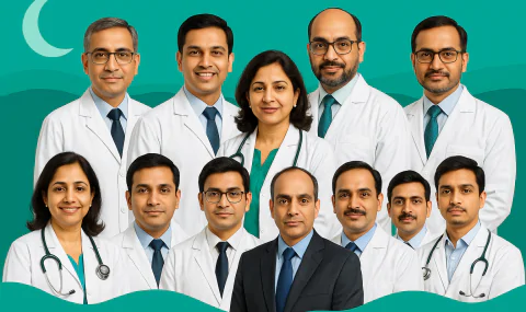 Collage of ten doctors on a teal RespBuy brand background with a moon for sleep-disorder blog.