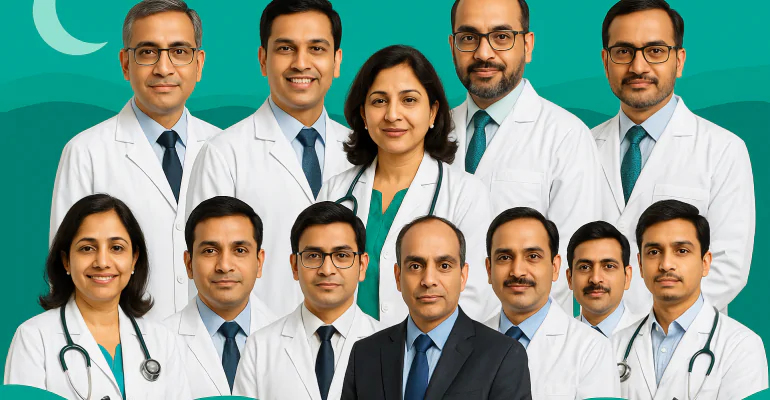 Collage of ten doctors on a teal RespBuy brand background with a moon for sleep-disorder blog.