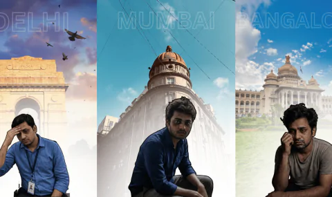 Tired office workers in front of India Gate, a Mumbai landmark, and Vidhana Soudha, representing sleep deprivation in major Indian cities.