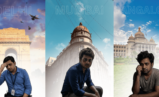 Tired office workers in front of India Gate, a Mumbai landmark, and Vidhana Soudha, representing sleep deprivation in major Indian cities.