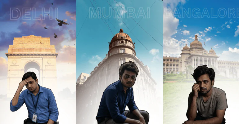 Tired office workers in front of India Gate, a Mumbai landmark, and Vidhana Soudha, representing sleep deprivation in major Indian cities.