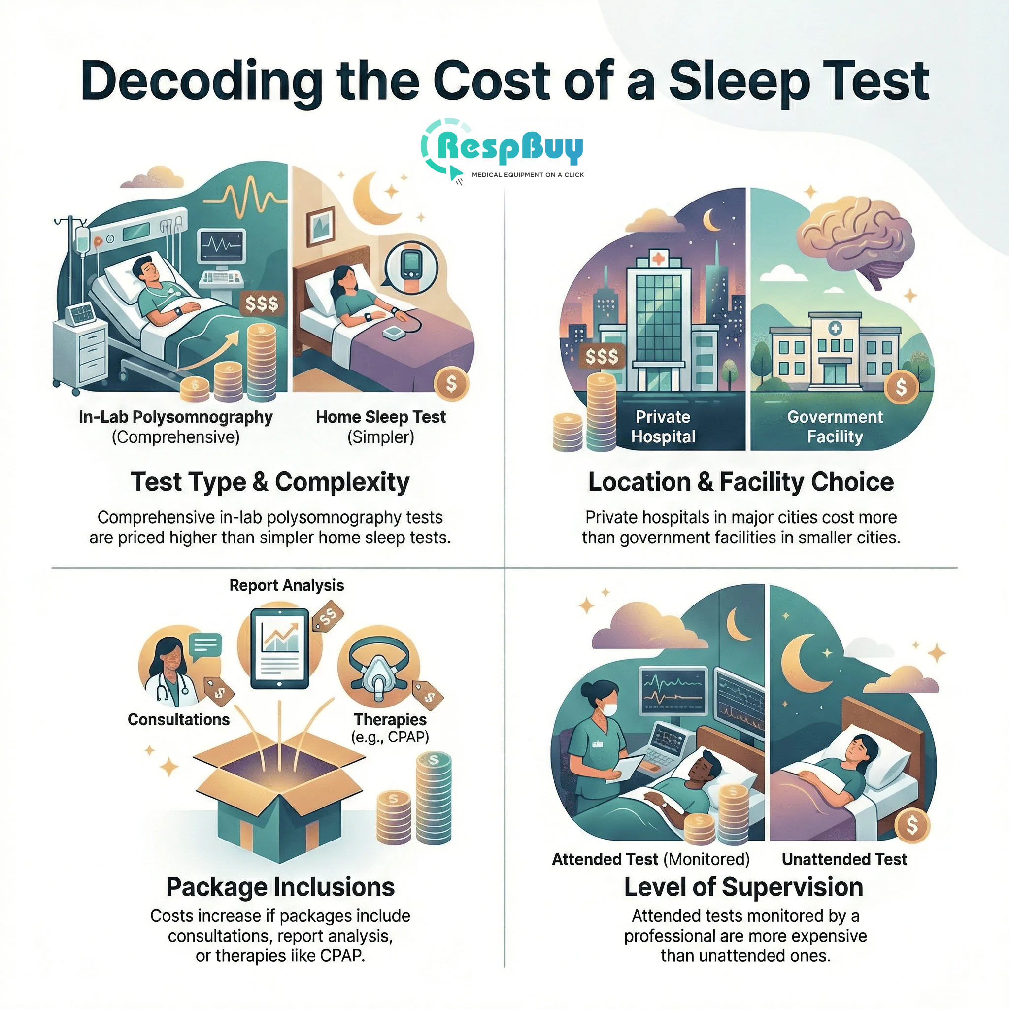 Sleep Study Test Cost in India (Location Wise) | 2026 2 Infographic explaining factors affecting sleep test costs in India, including test type, hospital choice, and supervision level.