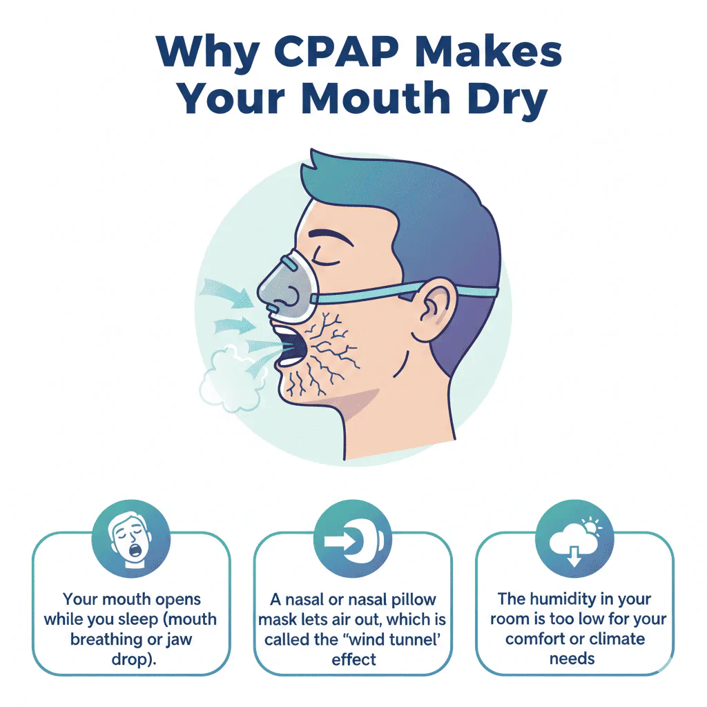 Dry Mouth on CPAP? Causes & Solutions (Humidifier, Mouth Leak, Mask Choice) 1 Infographic titled "Why CPAP Makes Your Mouth Dry" showing a person with a nasal mask and open mouth. Three panels below explain that dryness is caused by mouth breathing, air escaping through the mouth (wind tunnel effect), and low ambient humidity.