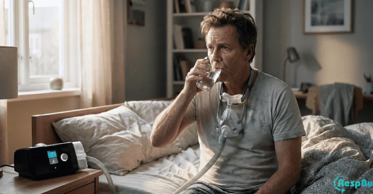 Man using a CPAP machine drinking water due to dry mouth during sleep apnea therapy
