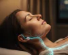 A realistic side profile of a woman receiving acupuncture for sleep and anxiety with a glowing teal overlay illustrating the vagus nerve pathway from the brain to the chest.