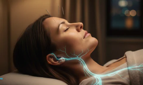 A realistic side profile of a woman receiving acupuncture for sleep and anxiety with a glowing teal overlay illustrating the vagus nerve pathway from the brain to the chest.