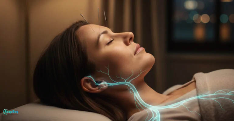 A realistic side profile of a woman receiving acupuncture for sleep and anxiety with a glowing teal overlay illustrating the vagus nerve pathway from the brain to the chest.