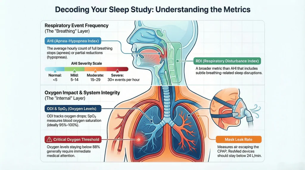 Understanding Your Sleep Study Report: AHI, RDI, ODI, SpO₂, Leak (Simple Guide) 1 Understanding Your Sleep Study Report: AHI, RDI, ODI, SpO₂, Leak (Simple Guide)