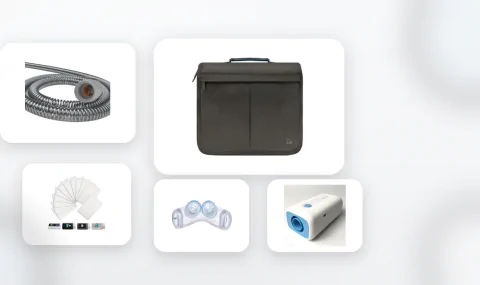 CPAP accessories including heated tubing, travel bag, filters, mask cushion, and cleaning device