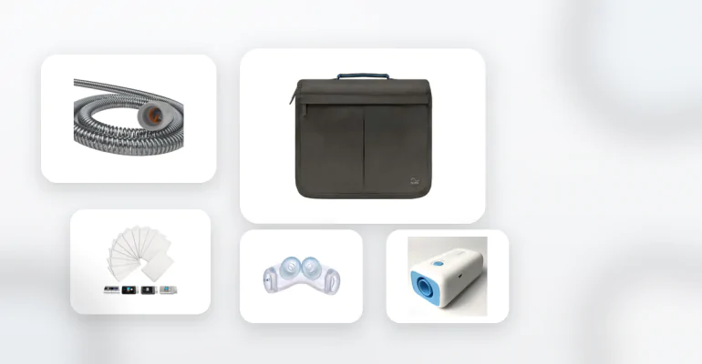 CPAP accessories including heated tubing, travel bag, filters, mask cushion, and cleaning device