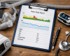Sleep study report on a clipboard with CPAP mask, pulse oximeter, and sleep therapy equipment on a wooden desk