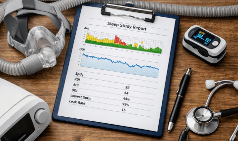 Sleep study report on a clipboard with CPAP mask, pulse oximeter, and sleep therapy equipment on a wooden desk