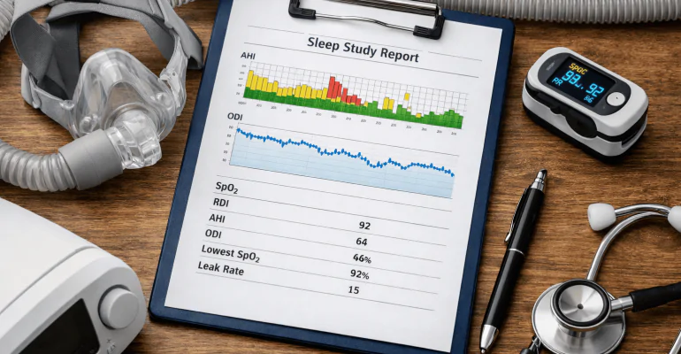 Sleep study report on a clipboard with CPAP mask, pulse oximeter, and sleep therapy equipment on a wooden desk