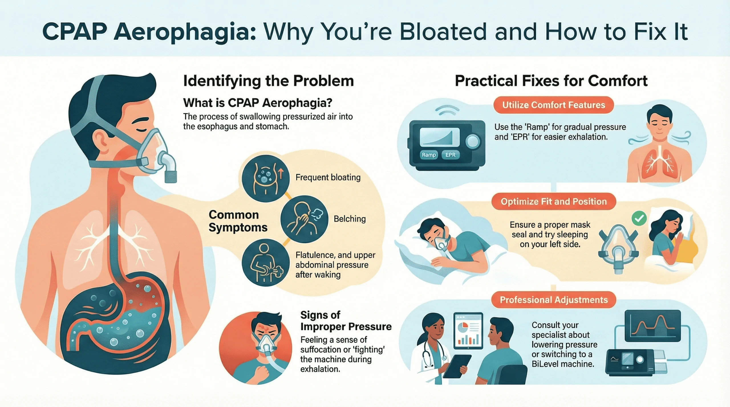 CPAP Aerophagia (Swallowing Air): Why It Happens + Practical Fixes 1 CPAP Aerophagia infographic