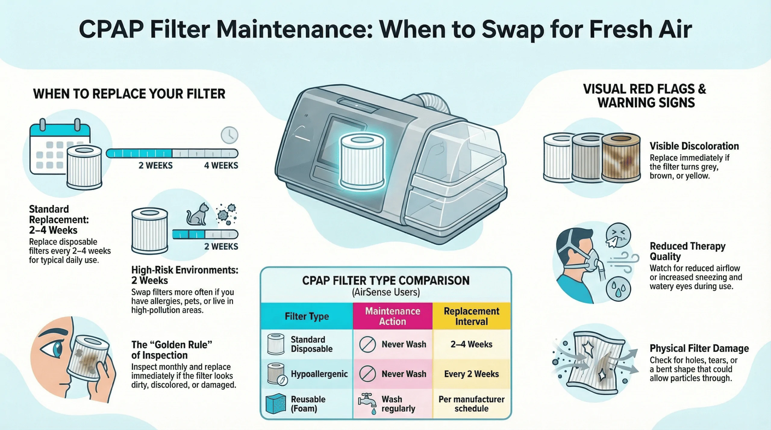 CPAP Filter Replacement Guide: How Often, Signs to Replace, Allergy/Dust Use Cases 1 CPAP Filter Maintenance Infographic