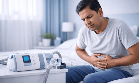 Middle-aged Indian man sitting on a bed with stomach discomfort beside a CPAP machine in a blue-toned bedroom.