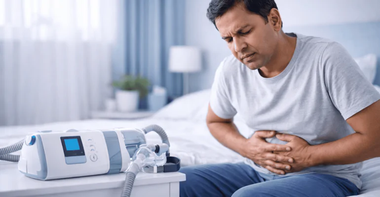 Middle-aged Indian man sitting on a bed with stomach discomfort beside a CPAP machine in a blue-toned bedroom.
