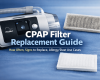 ResMed AirSense CPAP machine with clean and dirty filters illustrating CPAP filter replacement frequency and signs