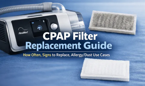 ResMed AirSense CPAP machine with clean and dirty filters illustrating CPAP filter replacement frequency and signs
