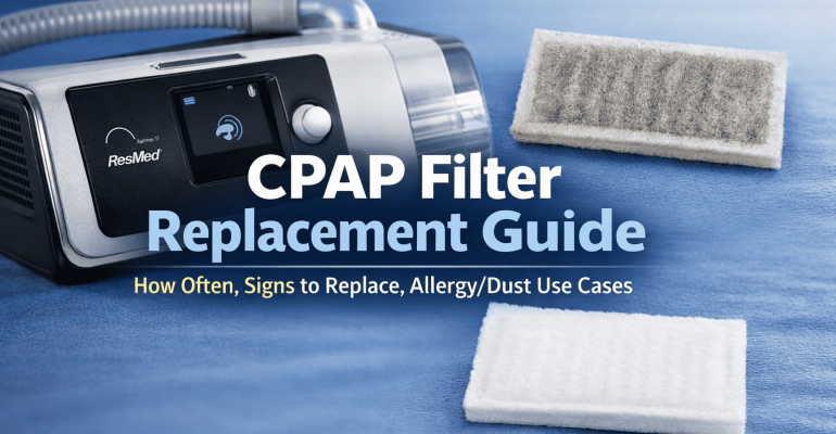 ResMed AirSense CPAP machine with clean and dirty filters illustrating CPAP filter replacement frequency and signs