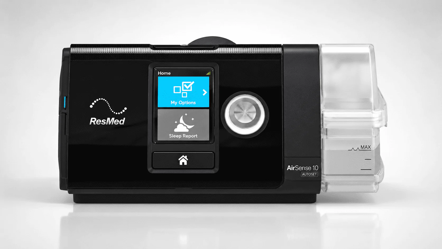 5 Reasons Your Under-Eyes Always Look Tired 1 ResMed AirSense 10 AutoSet CPAP machine with integrated humidifier displayed on a clean white background