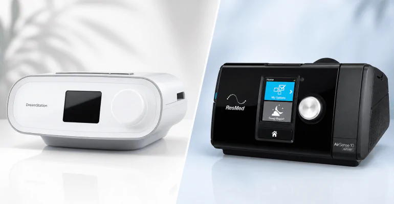 ResMed AirSense 10 AutoSet and Philips DreamStation Auto CPAP side by side comparison image