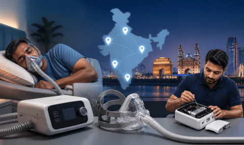 Philips CPAP machine and technician service support with India map for respiratory device repair