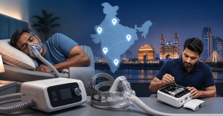 Philips CPAP machine and technician service support with India map for respiratory device repair