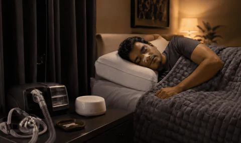 Person sleeping peacefully in a bedroom with CPAP machine, weighted blanket, nasal strip, blackout curtains, and white noise machine.