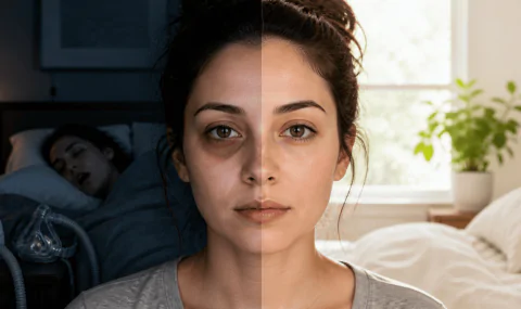 Split-face image of a woman showing dark under-eyes linked to poor sleep and improved appearance after better sleep quality with CPAP support