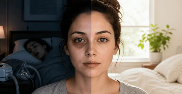 Split-face image of a woman showing dark under-eyes linked to poor sleep and improved appearance after better sleep quality with CPAP support