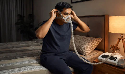 Indian man adjusting a CPAP mask before sleep with a CPAP machine on the bedside table.