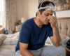 Indian CPAP user touching nose bridge with visible mask pressure marks, sitting beside a CPAP machine in a bedroom.