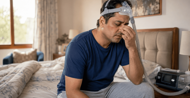 Indian CPAP user touching nose bridge with visible mask pressure marks, sitting beside a CPAP machine in a bedroom.